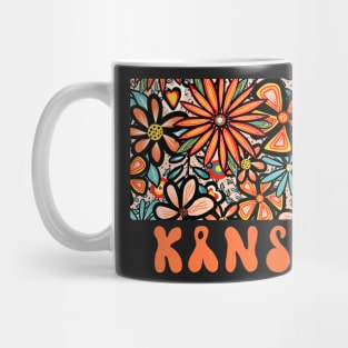 Kansas State Design | Artist Designed Illustration Featuring Kansas State Outline Filled With Retro Flowers with Retro Hand-Lettering Mug